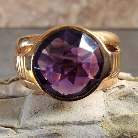 Handcrafted Jewelry - Native Amethyst Gemstone Ring 6 Copper Metal Handcrafted Boho Jewelry Rustic Mod